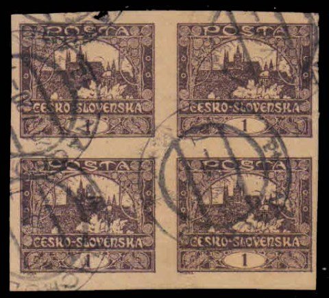 CZECHOSLOVAKIA 1919 - Hardcany 1 h. Brown Used Imperf Block of 4, As Per Scan. S.G. 3