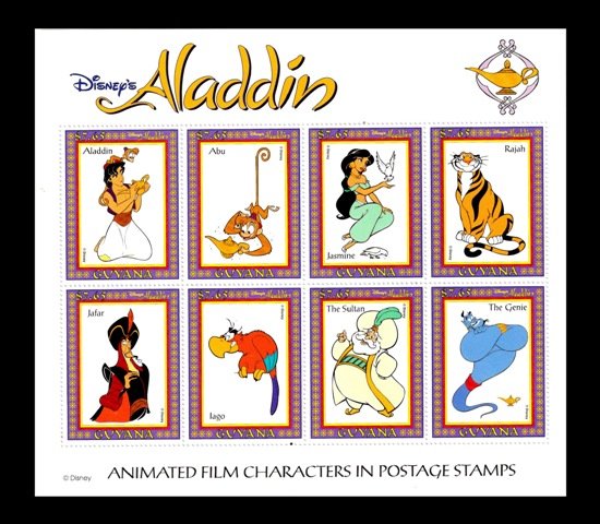 GUYANA 1993 - Aladdin (Film), Disney Cartoon Characters. Animated Film in Postage Stamps. Sheet of 8 Stamps, MNH. S.G. 3783-3790