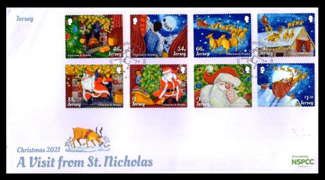 JERSEY 2021 - Christmas. A Visit From St. Nicholas. Set of 8 Stamps on First Day Cover. Face £ 7.55