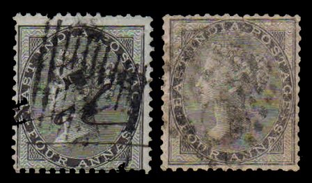 INDIA 1855 - 4 Anna Black. East India Postage. Queen Victoria. 2 Different Shades. No Watermark. S.G. 35