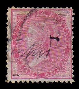 INDIA 1855 - 8 Anna Carmine Die i. East India Postage. Queen Victoria. No Watermark. 1 Value Used. S.G. 36