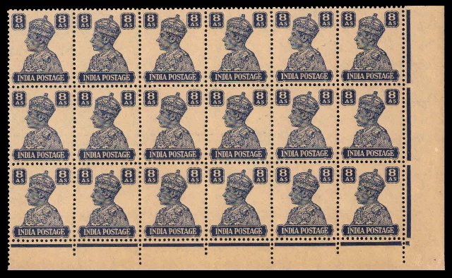 INDIA 1940 - King George VI. 8 As. Corner Block of 18 Stamps. MNH. S.G. 275. Cat � 1.50 each