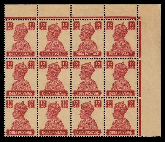 INDIA 1940 - King George VI. 12 As. Corner Block of 12 Stamps. MNH. S.G. 276. Cat £ 15 each (Total) Cat £ 180