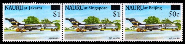 NAURU 1995 - Nauru Boeing 727 Airliner. Surcharged Nauru at Jakarta, Singapore & Beijing. Set of 3 MNH. S.G. 438-440. Cat � 5.25