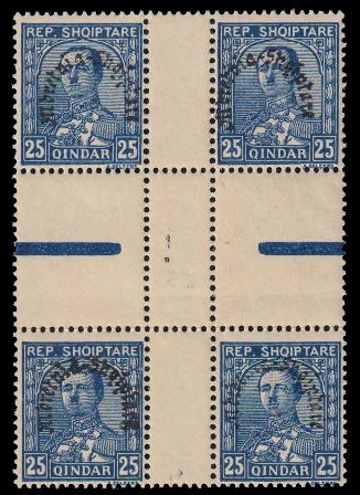 ALBANIA 1928 - King Zog. Overprint Issue. Old Block of 4 with, 4 Side Gutter Pair. MNH S.G. 253