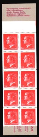 SWEEDEN 1977 - Lennart. King Carl XVI. Gustav. Booklet of 10 Stamps. S.G. 791. Cat  � 9.50