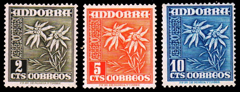 ANDORRA (Spanish) 1948 - Edelweiss Flower. Set of 3. Old Stamp. MNH. S.G. 41-43