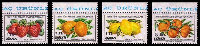 TURKISH CYPRIOT POSTS 1979 - Fruits, Exports. Surcharged Issue. Mandarin, Strawberry, Orange, Lemon. Set of 4 MNH Stamps. S.G. 74-77