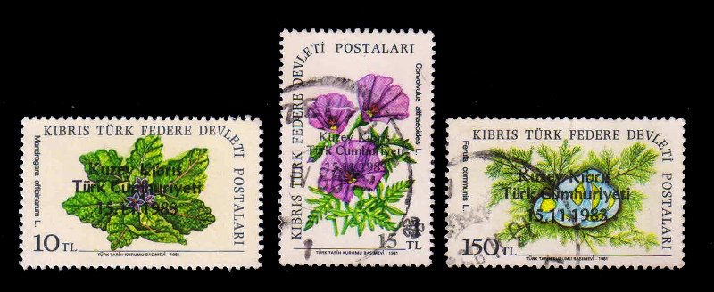 TURKISH CYPRIOT POSTS 1983 - Flowers, Establishment of Republic. Surcharged Issue. Set of 3 Used Stamps. S.G. 144-147