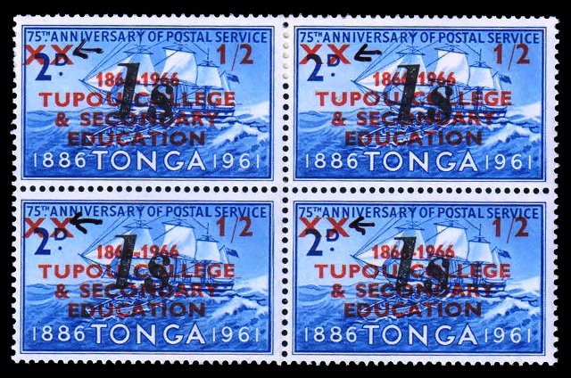 TONGA 1966 - Whaling Ship. Overprint Tupou College & Education. Overprint Misplaced. Surcharged 1s. 2d on 2d. Block of 4. MNH. S.G. 165