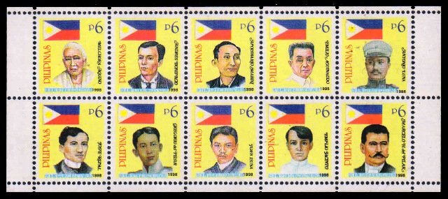 PHILIPPINES 1998 - Heroes of the Revolution, Sheetlet of 10 Stamps. Yellow B/4, MNH. S.G. 3179-88. Cat £ 12