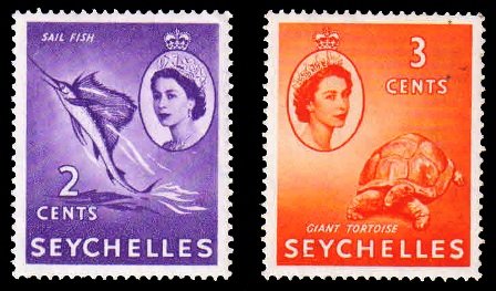SEYCHELLES 1954 - Fishing. Giant Tortoise. Portrait of Queen Elizabeth. 2 Different Stamp. MNH. S.G. 174-175