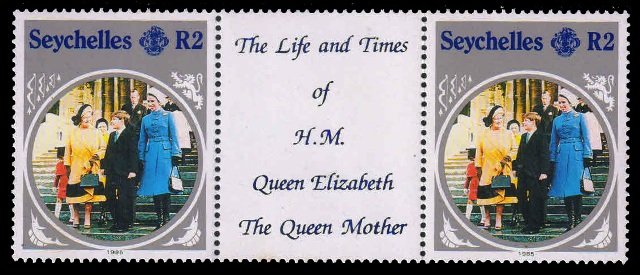 SEYCHELLES 1985 - The Queen Mother With Princess Anne And Prince Andrew. Royal Family. Pair with Gutter Margin. MNH. S.G. 615