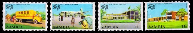 ZAMBIA 1974 - Centenary of UPU. Post Van, Aircraft, Post Office. Set of 4 Stamps. MNH. S.G. 218-21