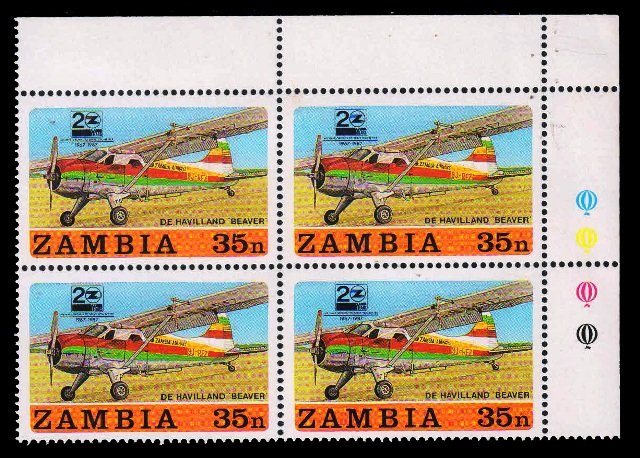 ZAMBIA 1987 - Aircraft. 20th Anniversary of Zambia Airways. Block of 4 MNH. S.G. 524