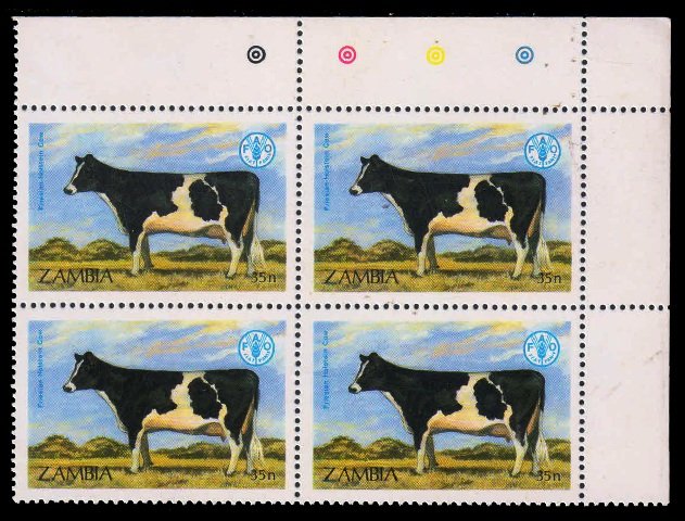 ZAMBIA 1987 - 40th Anniversary of FAO. Friesian Holstein Cow. Animal. Agriculture. Block of 4 MNH. S.G. 528