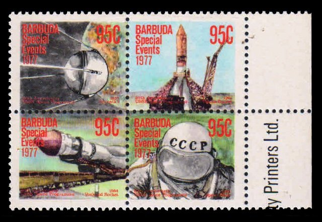 BARBUDA 1977 - 20th Anniversary of USSR Space Programme. Se-tenant Block of 4, MNH. S.G. 367-370