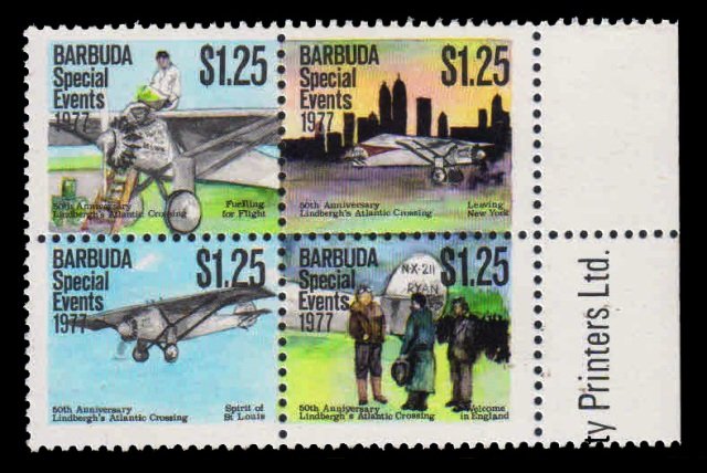 BARBUDA 1977 - 50th Anniversary of Lindberghs Transatlantic Flight. Aircrafts. Se-tenant Block of 4, MNH. S.G. 371-374. Face $ 5.00