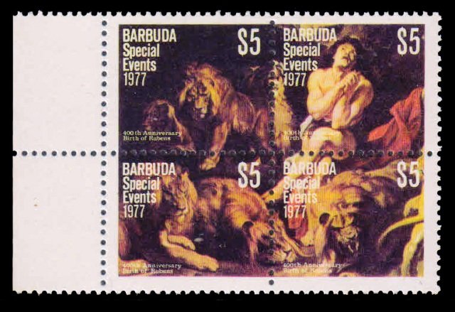 BARBUDA 1977 - 400th Birth Anniversary of Rubens. Paintings. Se-tenant Block of 4, MNH. S.G. 379-382. Face $ 20