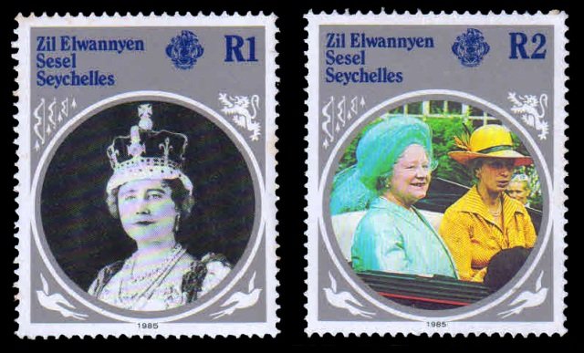 ZIL ELWANNYEN SESEL 1985 - Life and Times of Queen Elizabeth and Queen Mother. Set of 2 MNH. S.G. 115-116