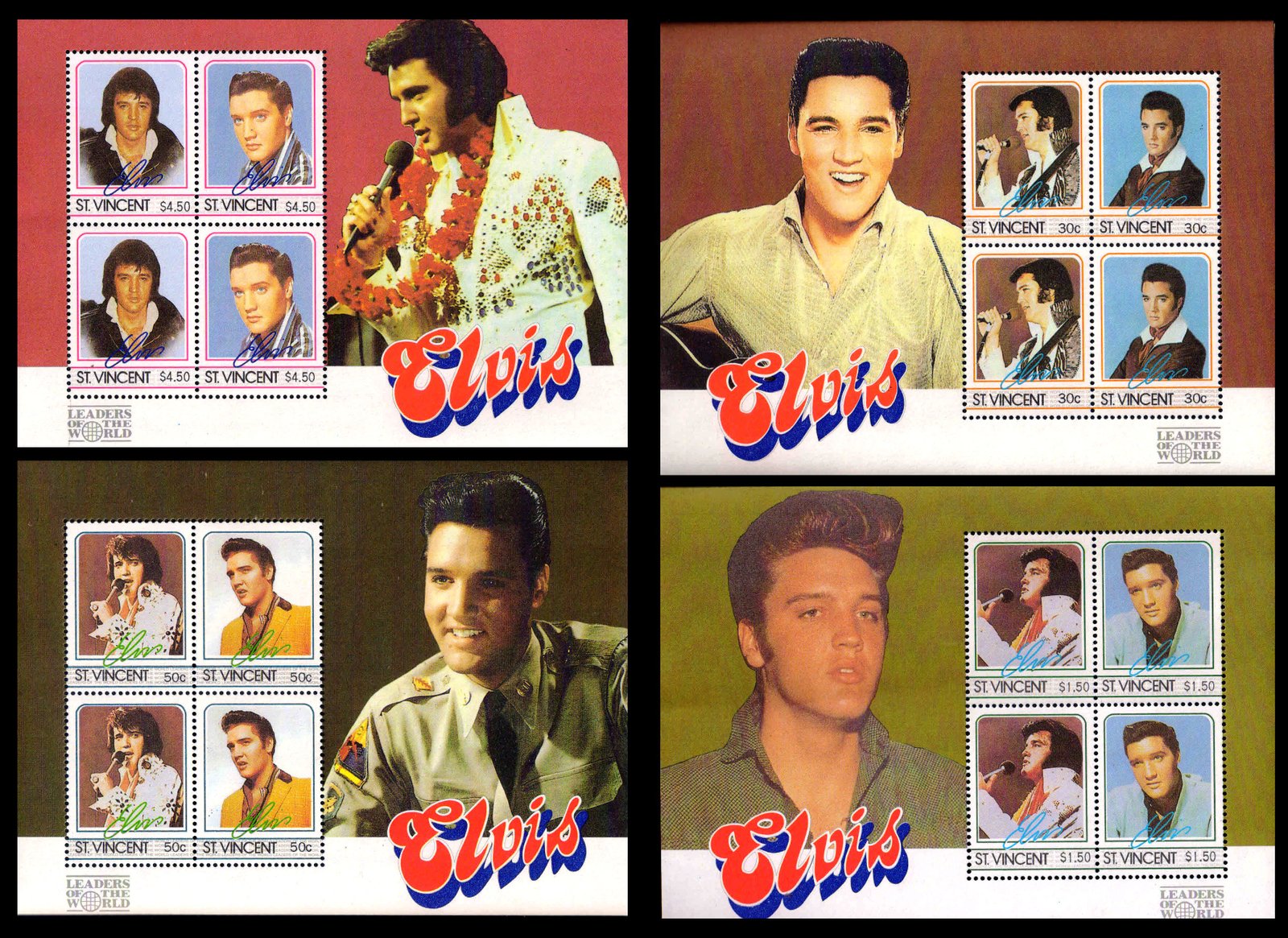 ST. VINCENT 1985 - Elvis Presley (Entertainer). Various Portraits. Music. Set of 4 Miniature Sheet MNH. S.G. MS 927