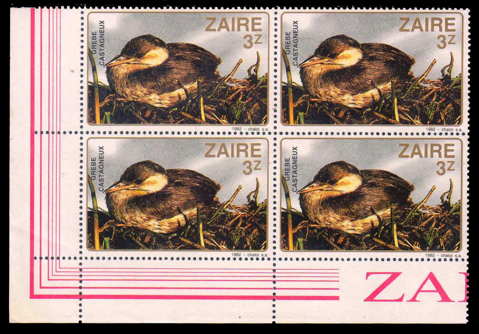 ZAIRE 1982 - Bird. Little Grebe. Corner Block of 4, MNH. S.G. 1139