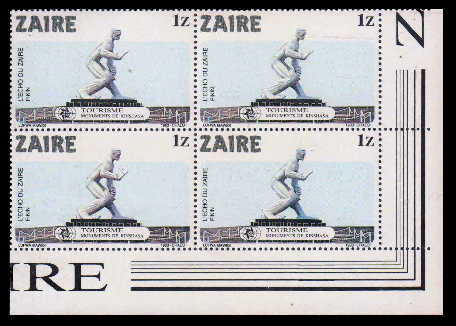 ZAIRE 1983 - Kinshasa Monuments. Echo of Zaire. Block of 4, MNH. S.G. 1158