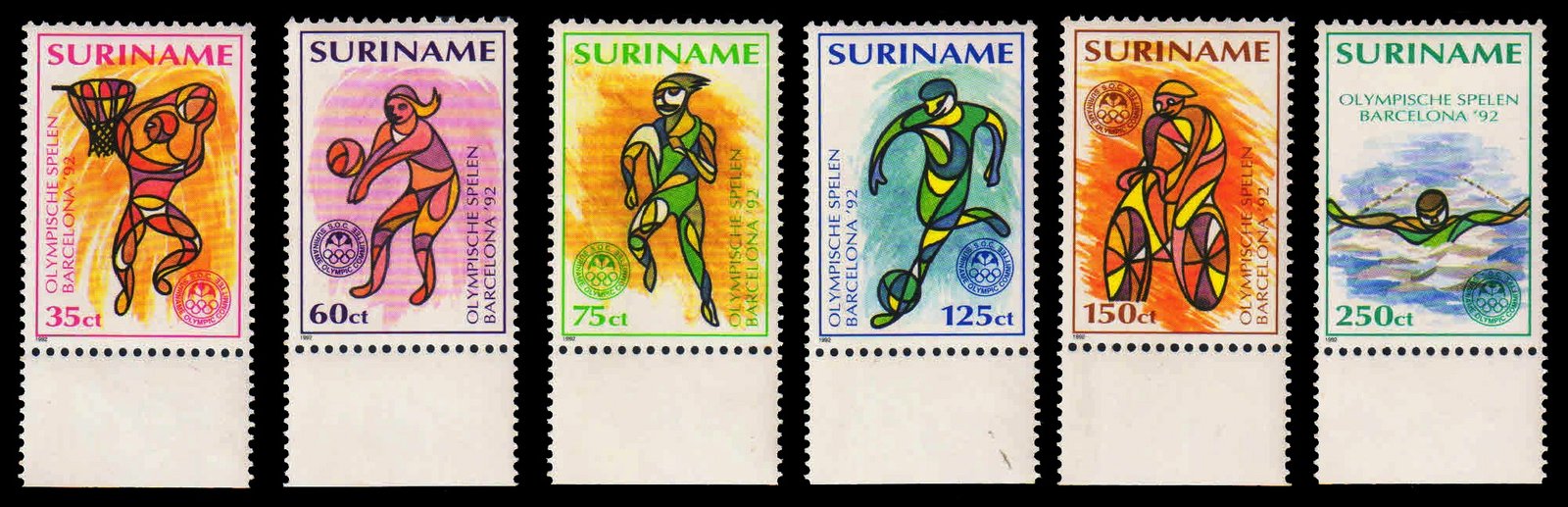 SURINAM 1972 - Olympic Games. Basketball, Volleyball, Sprinting, Football, Cycling, Swimming. Set of 6 Stamps, MNH Stamps. S.G. 1518-1523. Cat � 16