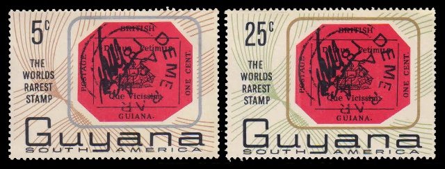 GUYANA 1967 - World Rarest Stamp Commemoration. British Guiana One Cent Stamp of 1856. Set of 2 Mint. S.G. 414-415