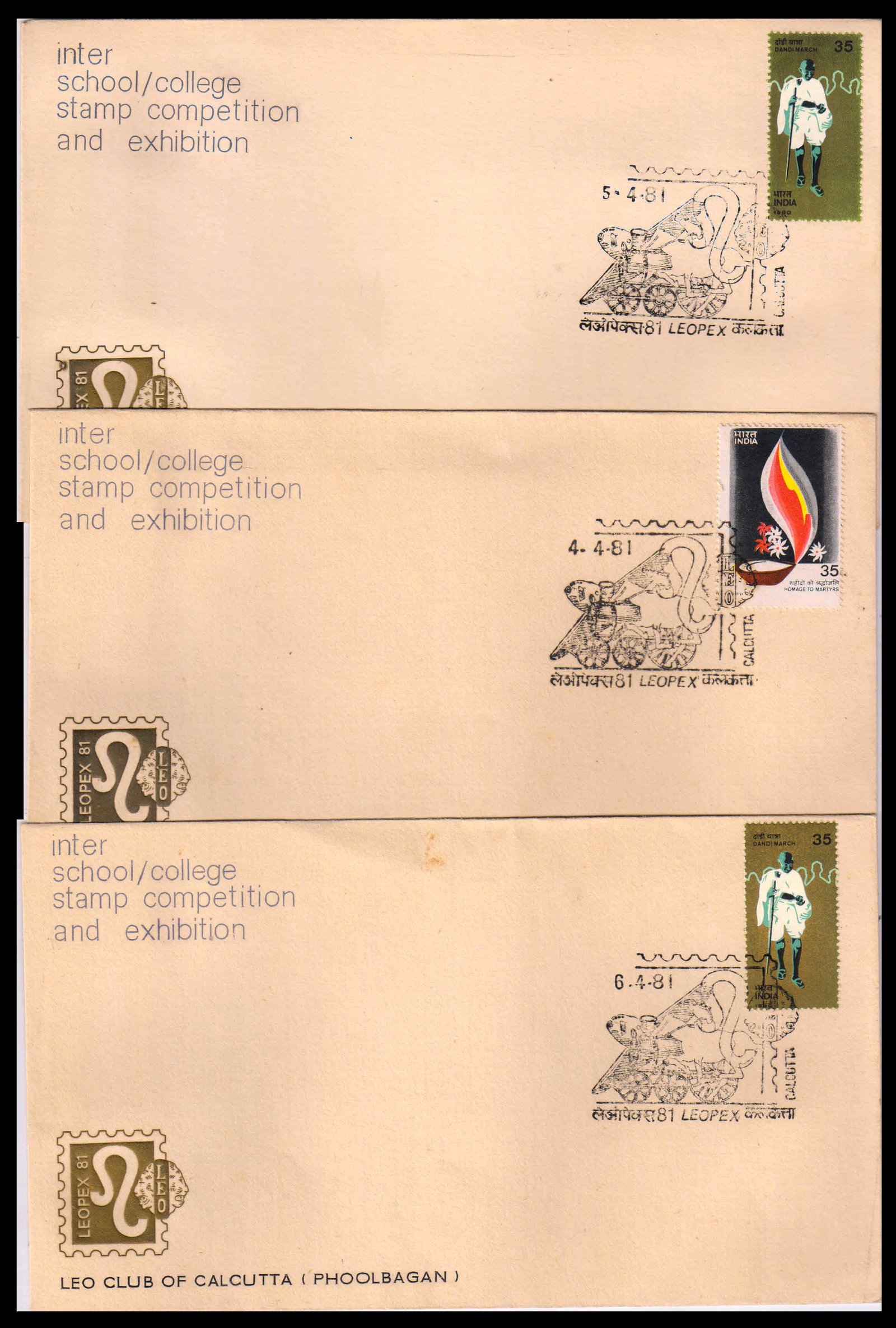 INDIA LEOPEX 81, Inter School/College Stamp Exhibition. Leo Club of Calcutta. Set of 3 Covers 
