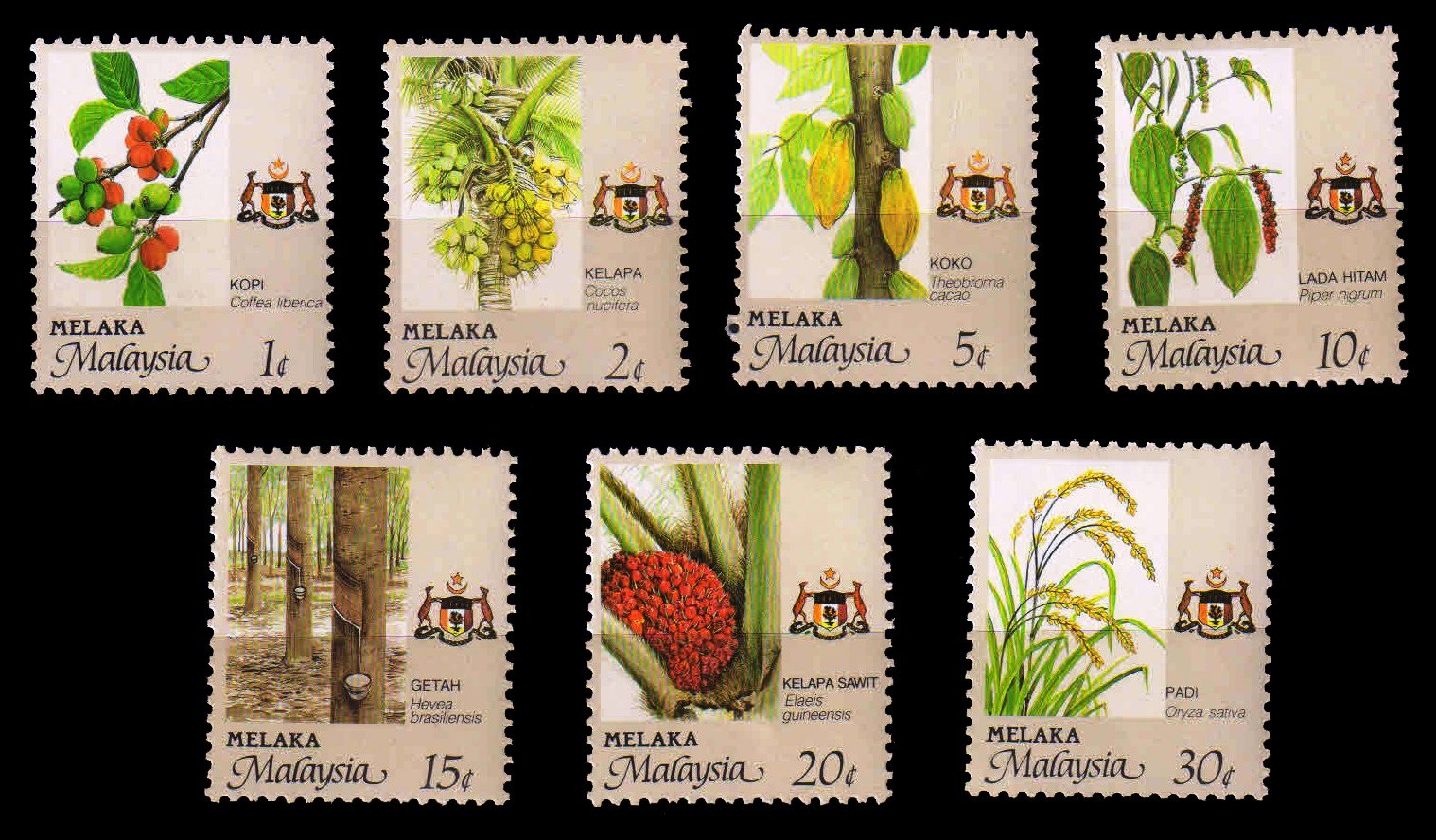 MALACCA 1986 - Agriculture. Rubber, Coffee, Coconuts, Cocoa, Black Paper, Oil Palm, Rice. Set of 7 Stamp, MNH. S.G. 96-102