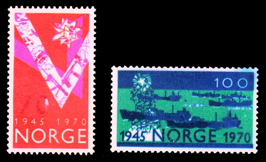 NORWAY 1970 - 25th Anniversary of Liberation. V - Symbol. Ships. Set of 2, MNH Stamp. S.G. 648-649. Cat £ 5.00