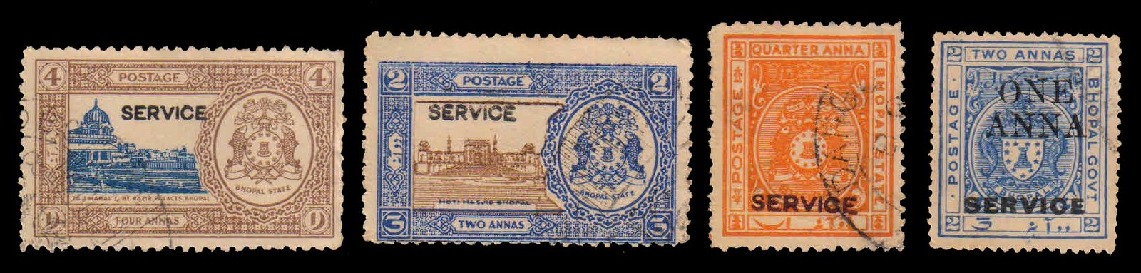 BHOPAL STATE - 4 Different, Used Stamps. Pre 1950