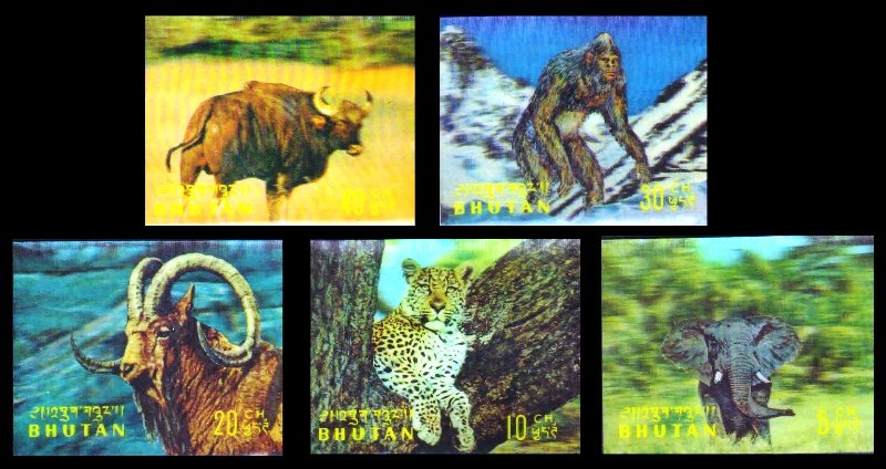 BHUTAN - 5 Different 3D, Plastic Fancy Animals Stamps