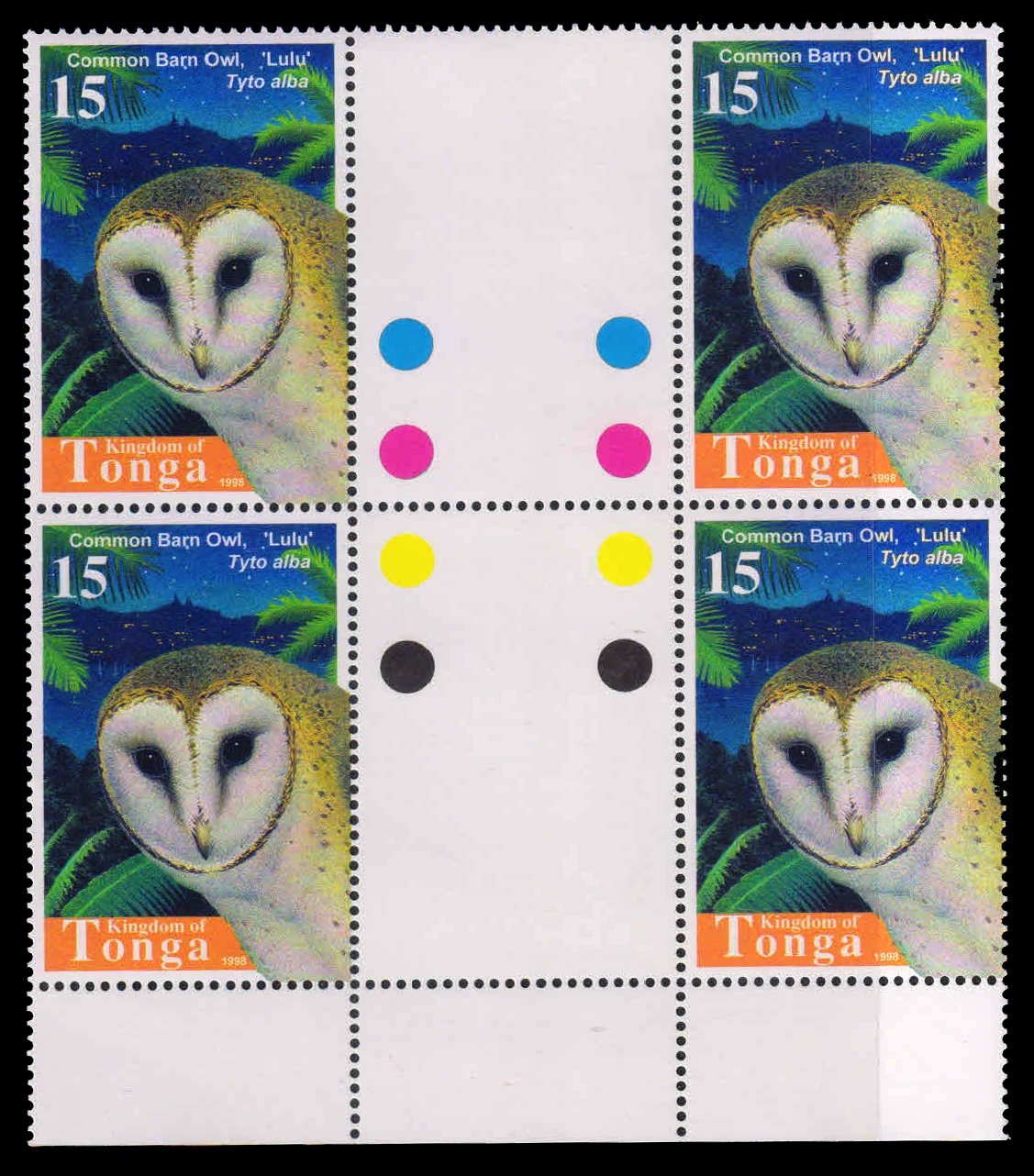 TONGA 1998 - Barn Owl. Bird. Block of 4 with Gutter Margin & Traffic Light, MNH. S.G. 1427