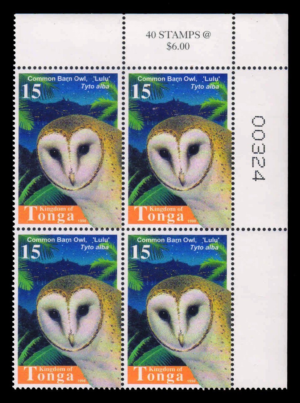 TONGA 1998 - Barn Owl. Bird. Block of 4, MNH. S.G. 1427