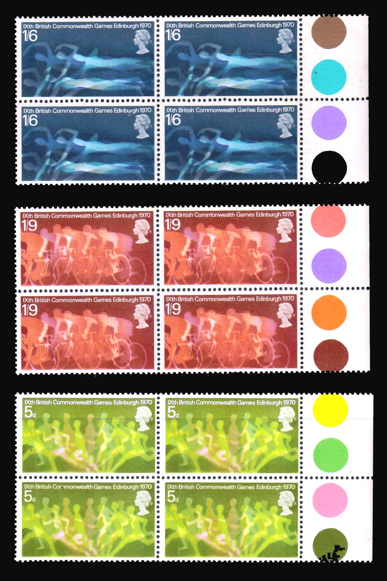 GREAT BRITAIN 1970 - 9th British Commonwealth Games. Cyclists. Swimmer. Set of 3 Blocks with Colour Codes. Traffic Light. S.G. 832-834