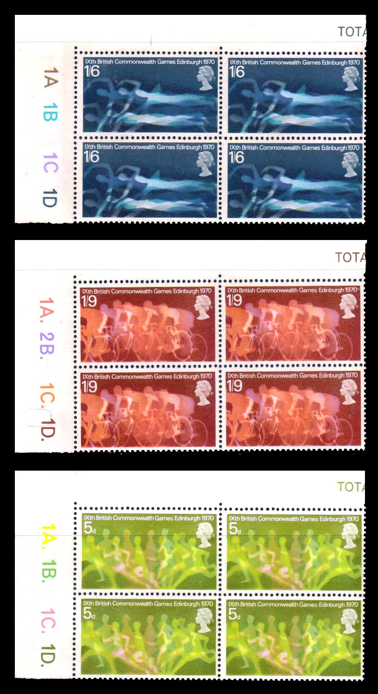 GREAT BRITAIN 1970 - 9th British Commonwealth Games. Cyclists. Swimmer. Set of 3 Corner Blocks with Traffic Light. S.G. 832-834