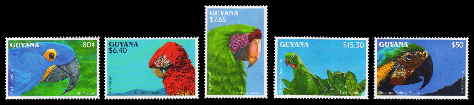 GUYANA 1993 - South American Parrot. Birds. Set of 5 Stamps, MNH. S.G. 3476-3480