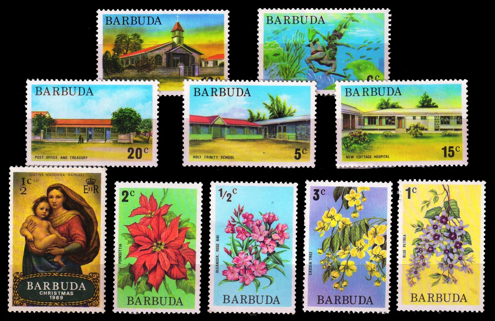 BARBUDA - 10 Different Mint Stamps. Thematic Stamps On Flower. Christmas & Architecture 