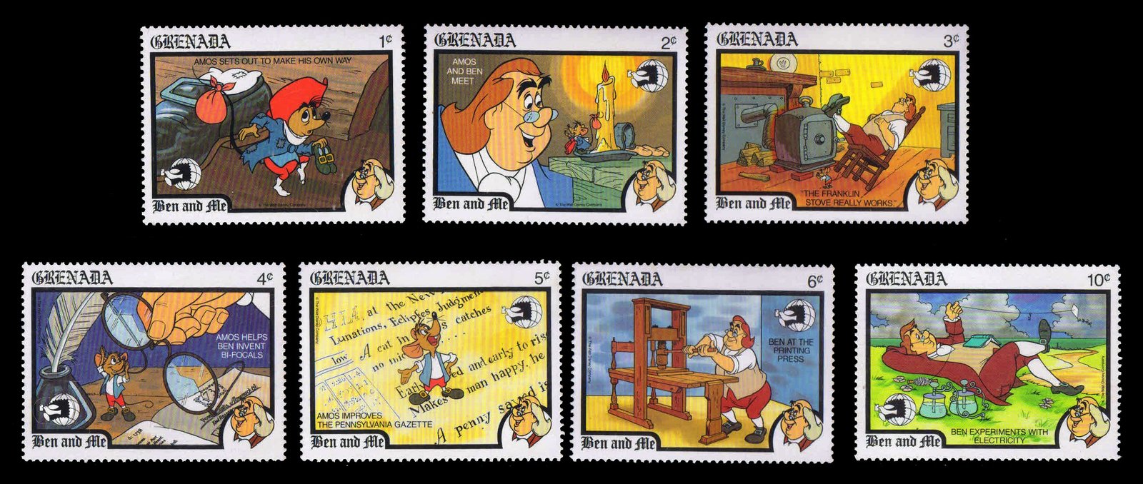 GRENADA 1989, Ben and Me, Disney Cartoon Characters, Set of 7 Stamps, MNH, S.G. 2056-2062