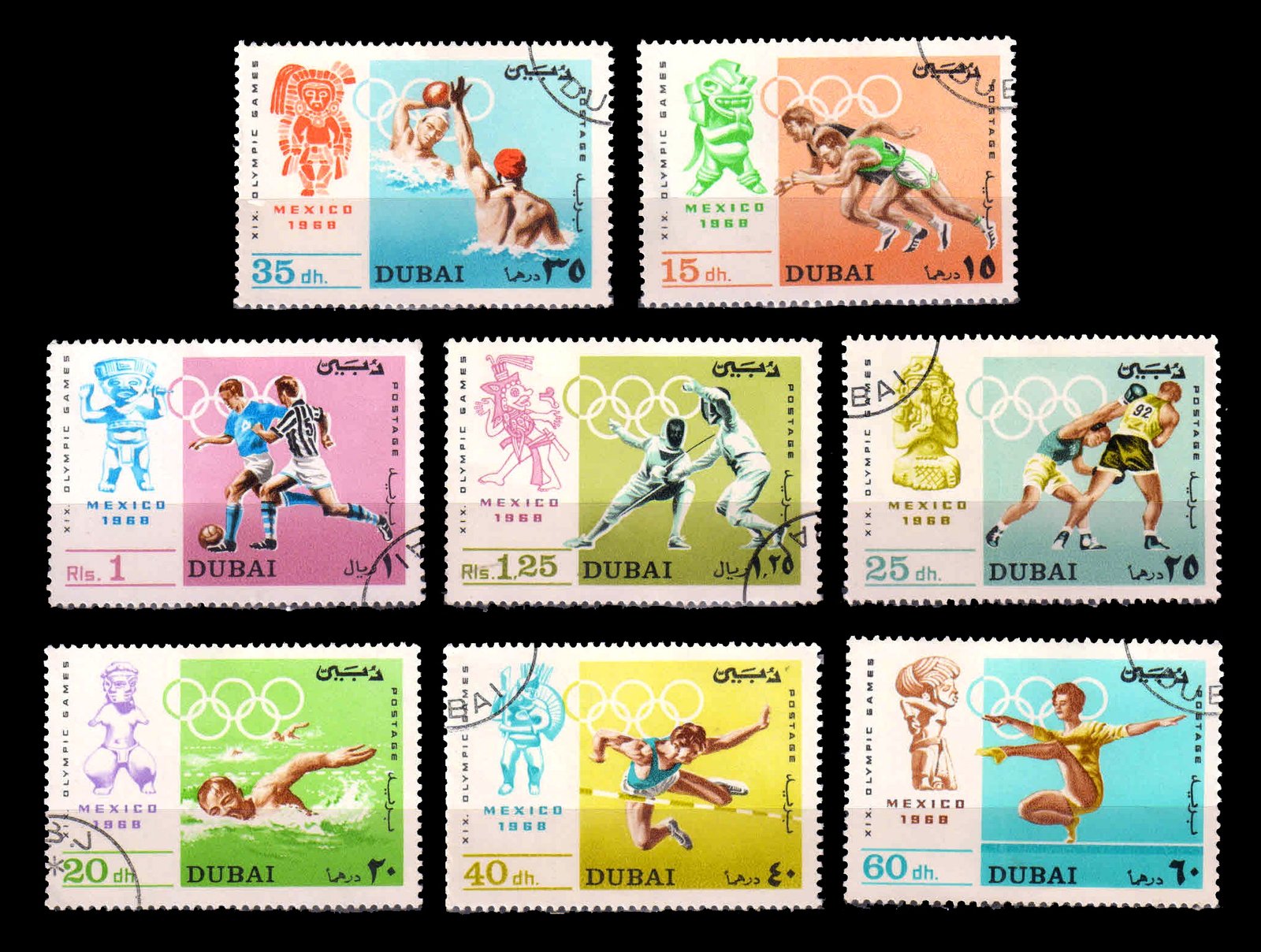 DUBAI 1968 - Olympic Games. Mexico. Sports. Football. Fencing. Water Polo. Set of 8, Used. S.G. 297-304