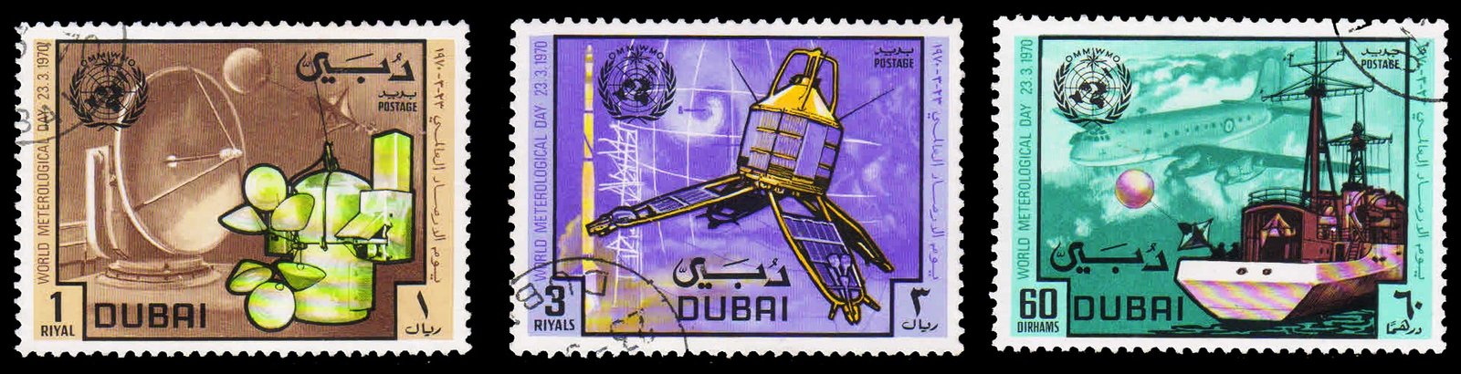 DUBAI 1970 - World Meteorological Day. Satellite and Rocket. Set of 3, Used. S.G. 349, 350, 352