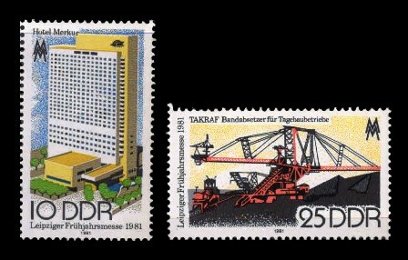 EAST GERMANY DDR 1981 - Leipzig Spring Fair, Hotel, Open Cast Mining Machine, Set of 2, MNH. S.G. E2307-08