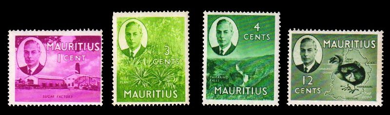 MAURITIUS 1950 - Sugar Factory, Aloe Plant, Tamarind Falls, Dodo & Map, 4 Different Stamps, MNH. S.G. 273, 278, 279, 282