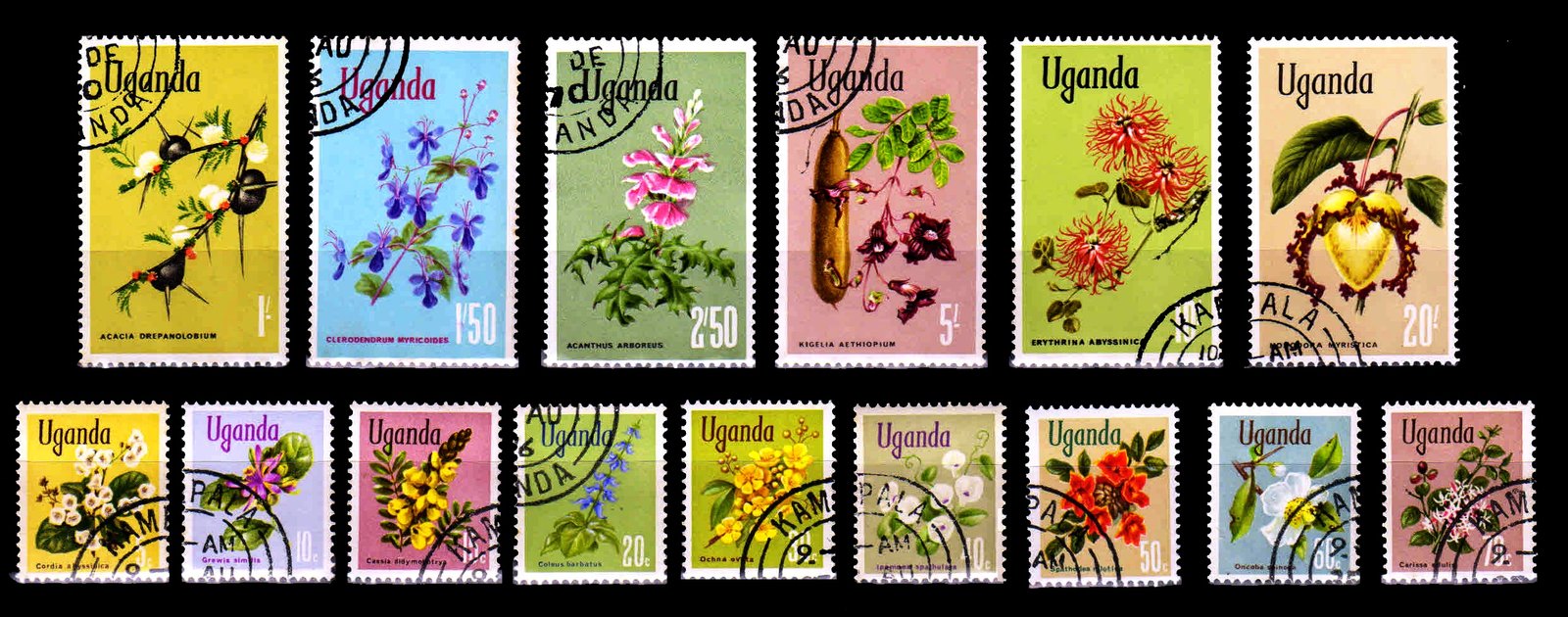 UGANDA 1969 - Flowers, Complete Set of 15, Used Stamps. S.G. 131a-145. Cat � 13