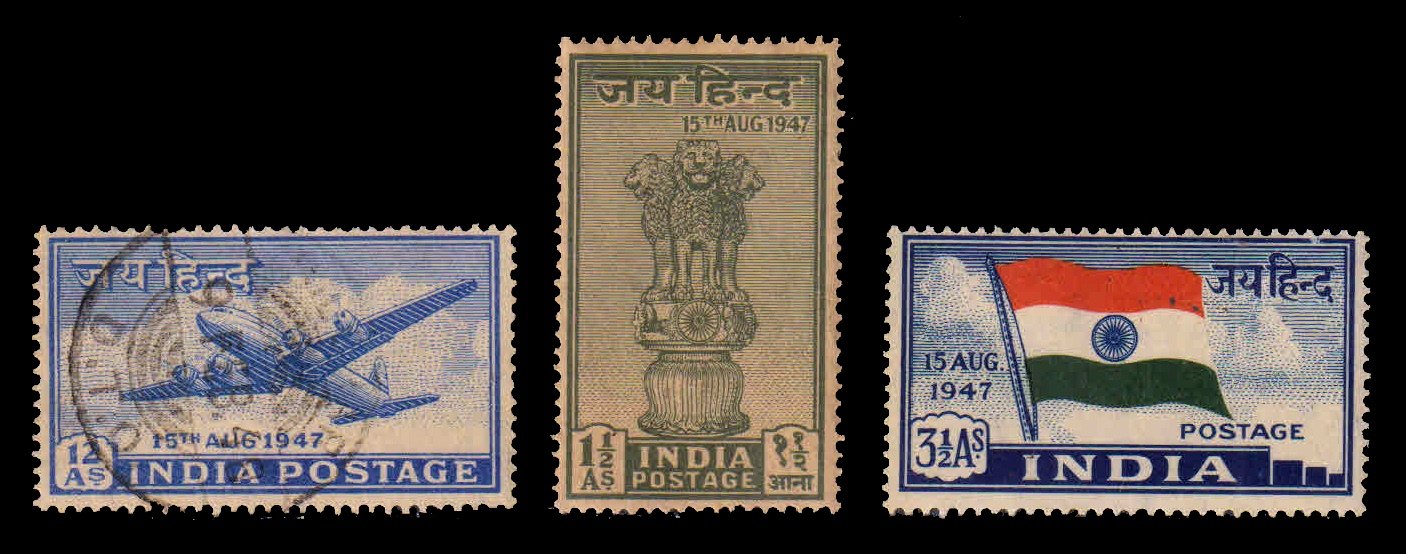 INDIA 1947 - 1st Series Of Independence, Ashoka, National Flag, Aircraft, Set of 3, Used Stamps