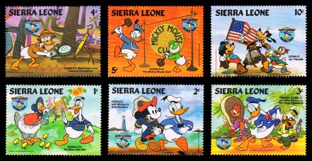 SIERRA LEONE 1984 - 50th Birthday of Donald Duck, Walt Disney, Set of 6, MNH Stamps. S.G. 843-848