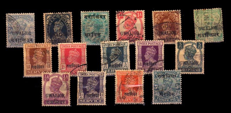 GWALIOR STATE - 15 Different, Pre 1950 Old & Used Stamps