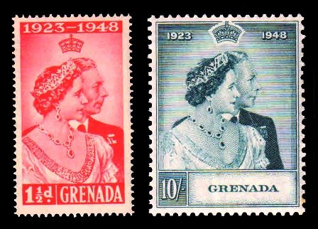 GRENADA 1948 - Royal Silver Wedding, King George VI and Queen Elizabeth, Set of 2 MNH, White Gum, S.G. 166-167
